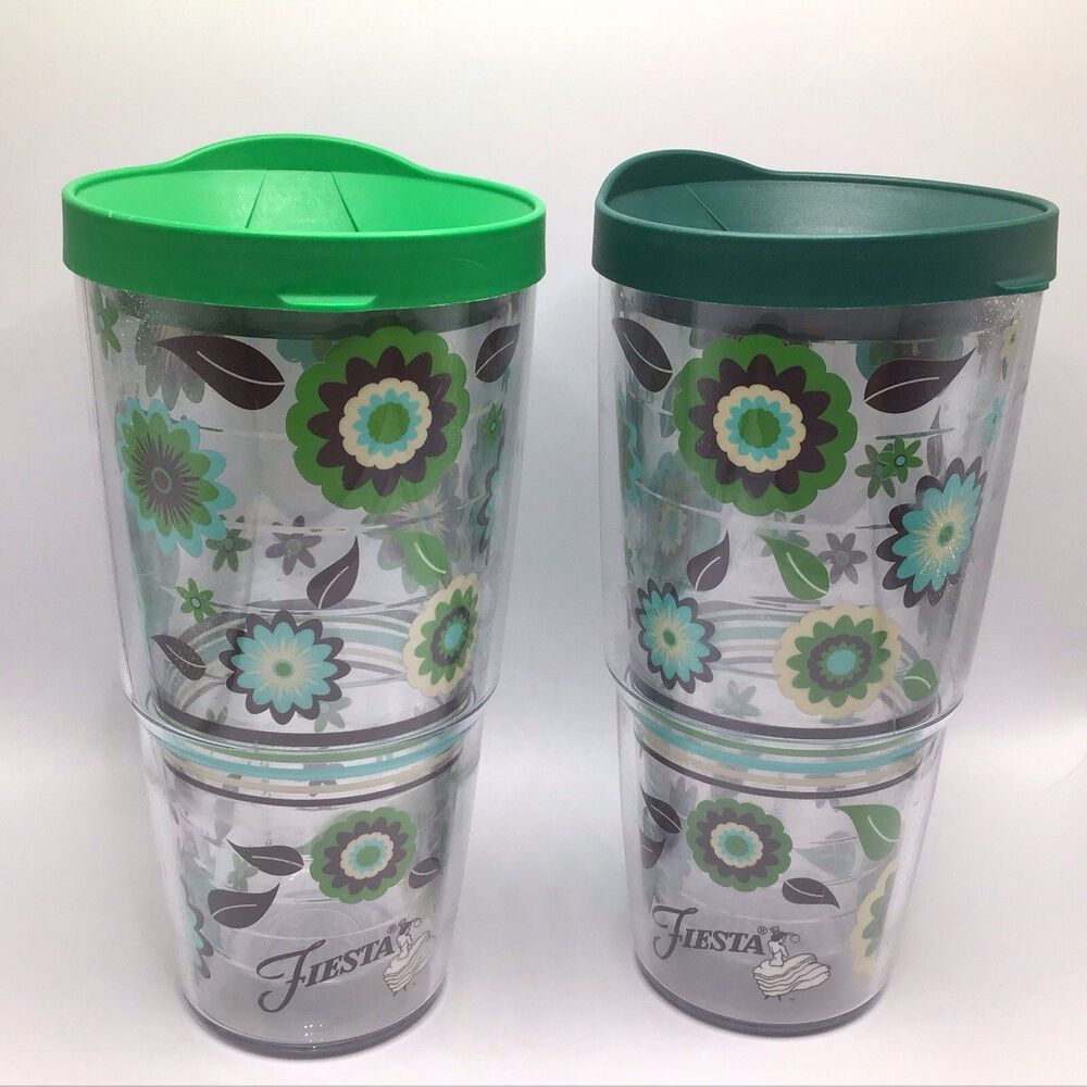 Tervis Fiesta Clear Green Flowers Green Lids Insulated Tumbler Made In USA 24 oz
